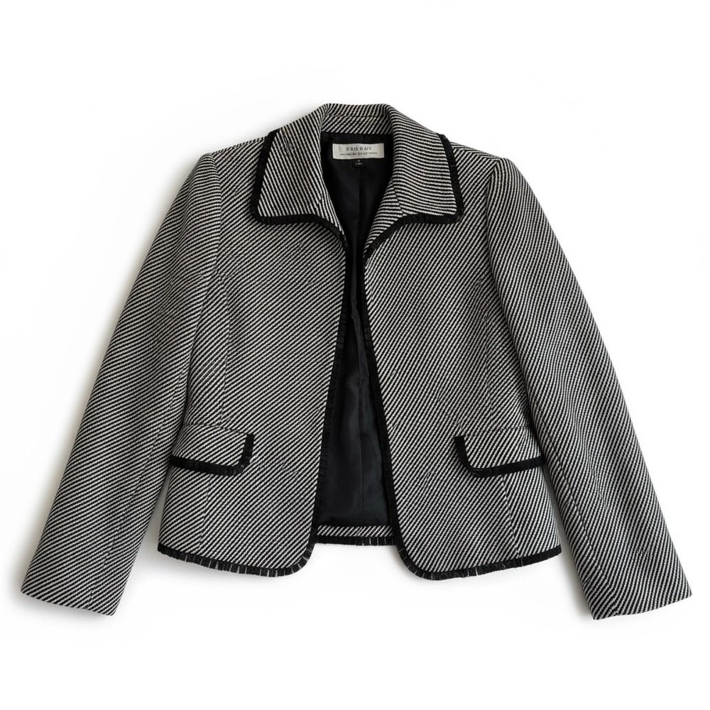 Tahari Wool Blend Metallic Striped Office Blazer Work Jacket Black White 6